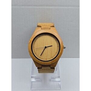 Cucol Bamboo Wooden Watch Brown Leather Strap Minimalist Quartz 45mm New Battery